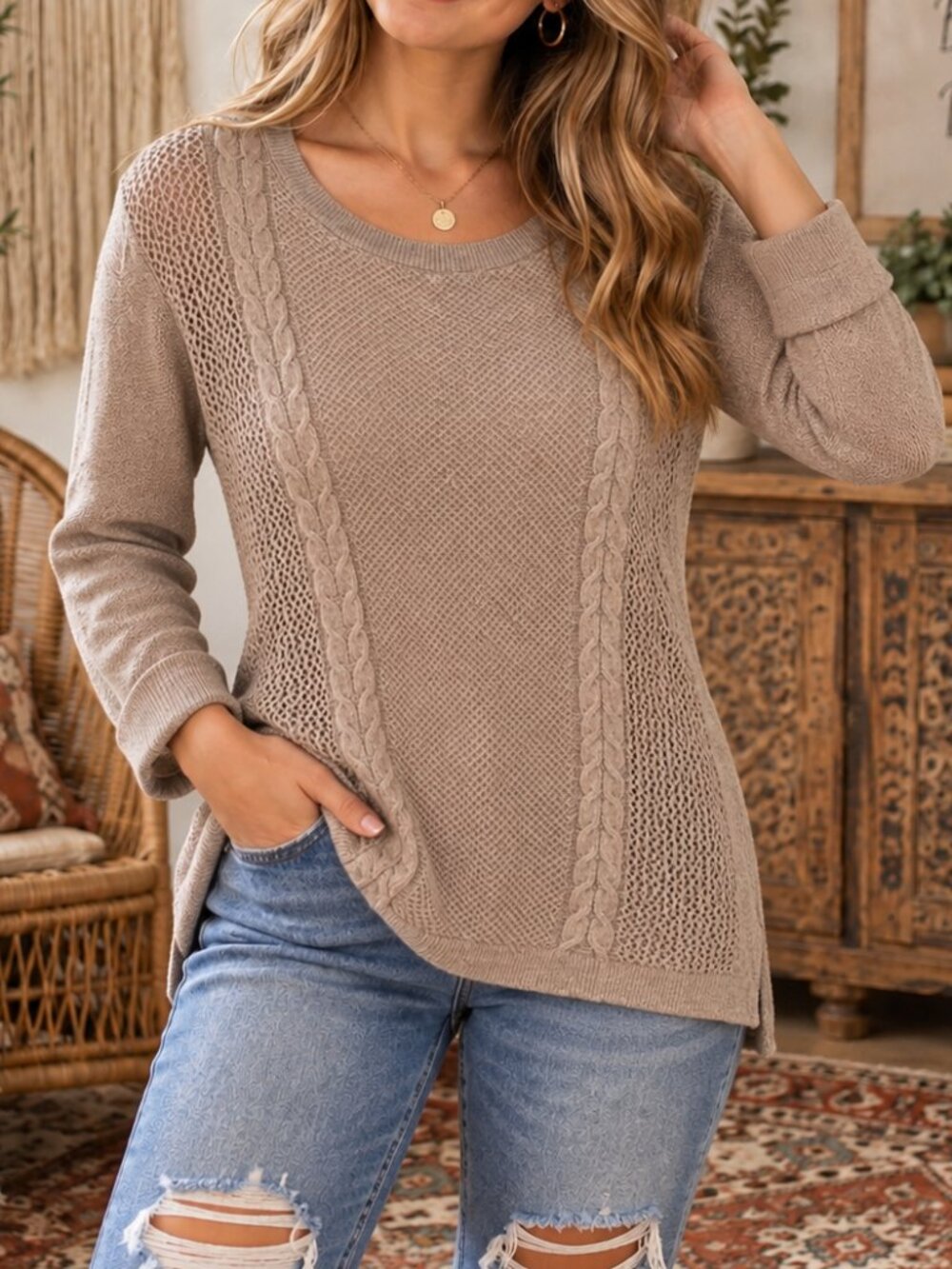 American Eagle Wool Blend Taupe Cable Knit Fisherman Sweater Boho Cottagecore S